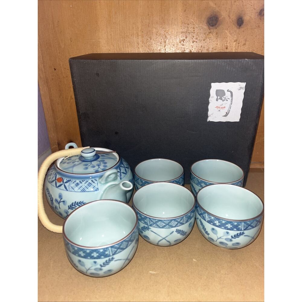 Vintage Arita Japan Porcelain Tea Set: Tea pot & Five Tea Cups Blue.🇯🇵